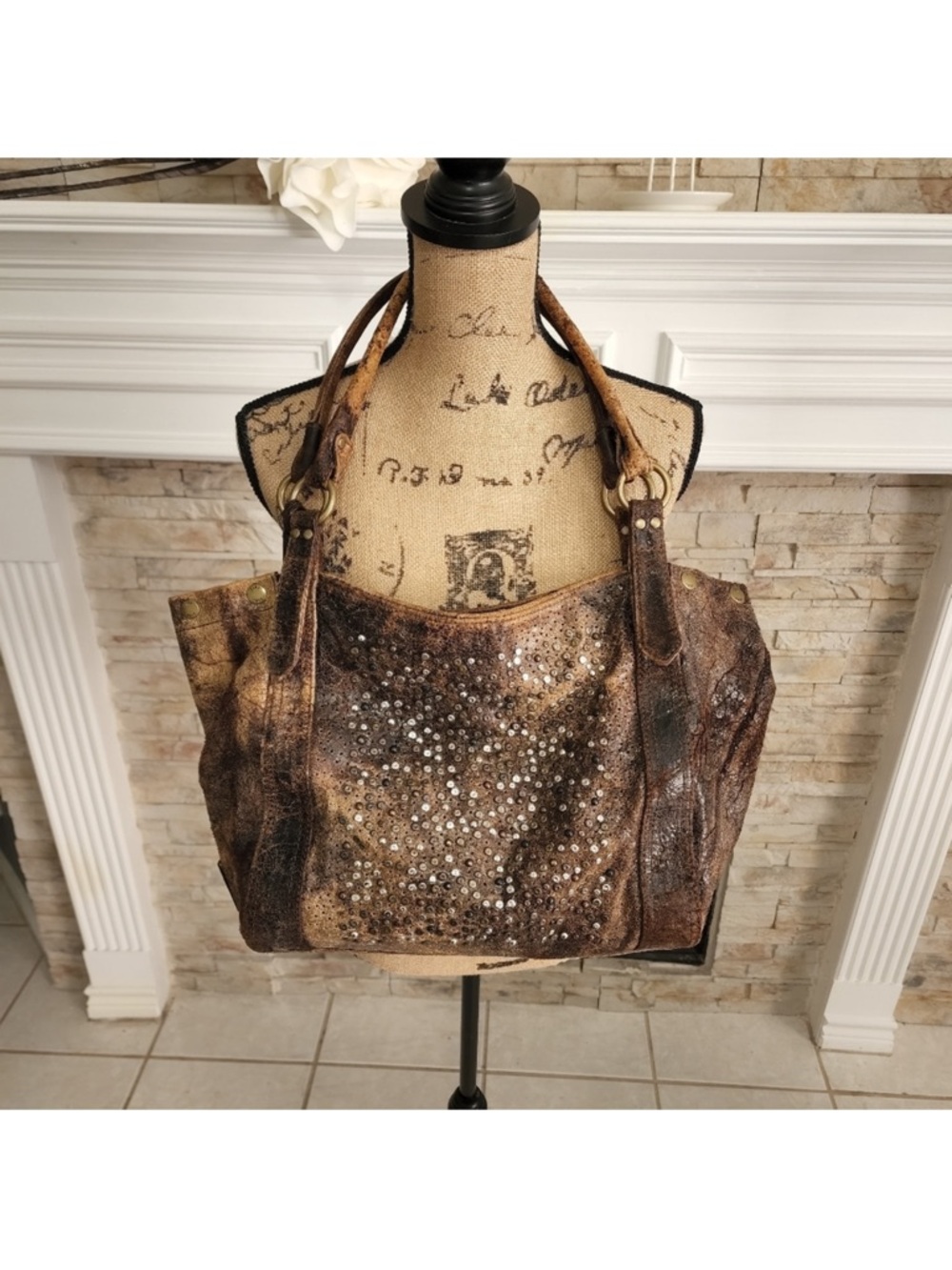 Frye Deborah XL studded distressed leather satchel
